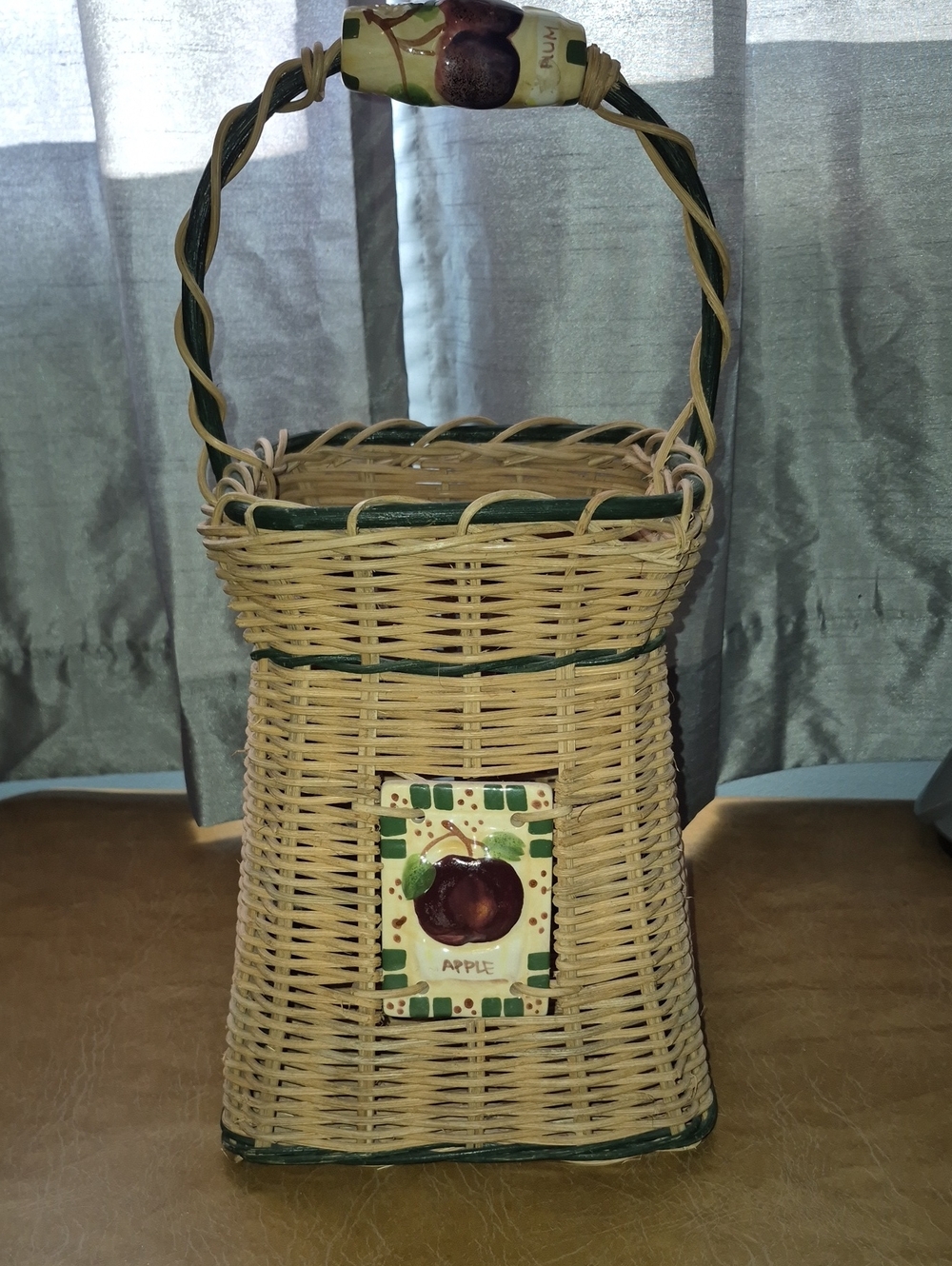 Vintage Woven Wicker And Rattan Kitchen Basket..ceramic Inlay And Handle